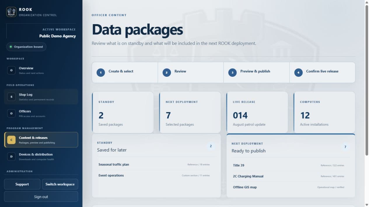 ROOK administrator content workspace using synthetic demonstration data, with package selection, deployment review, and live release status