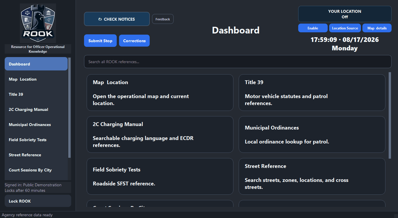 Current ROOK dashboard showing public demonstration references, notices, Citizen Encounter Log actions, corrections, and location controls