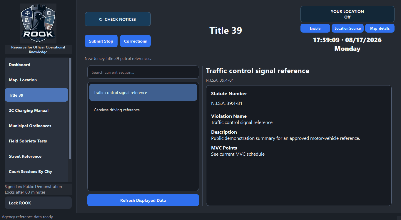 ROOK Title 39 screen using public demonstration statutes and a searchable reference list